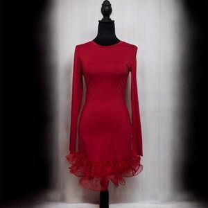 SHEIN Red Long Sleeve Dress with Ruffle Hem